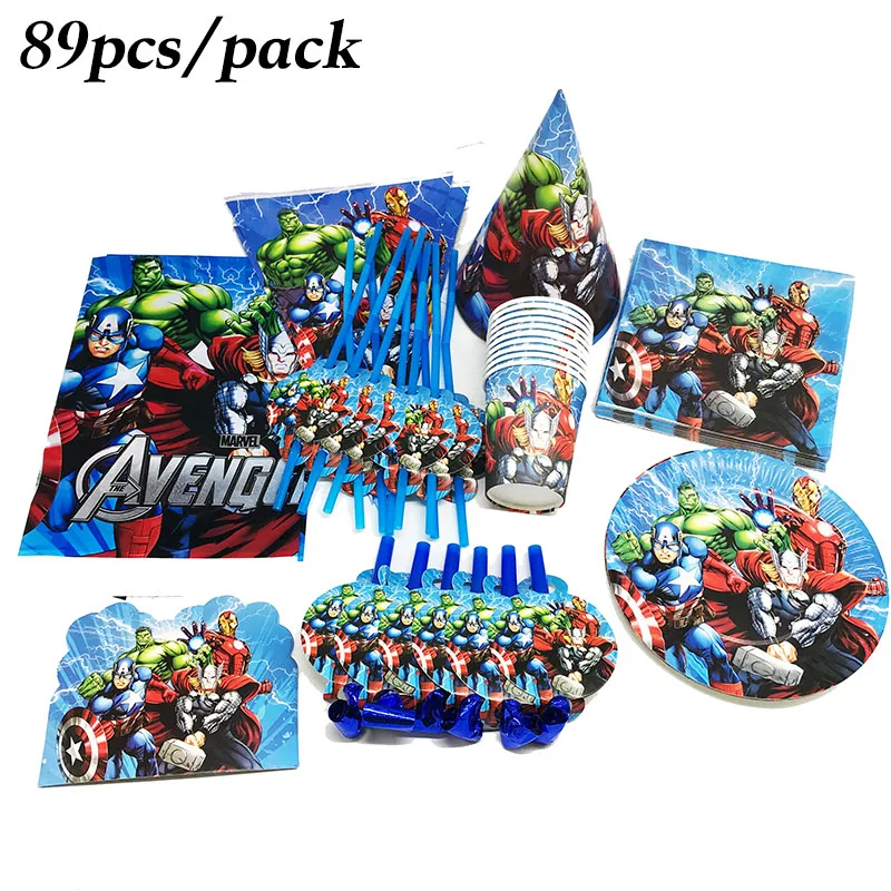 89pcs/pack Avengers birthday party decorations disposable plates cups napkins theme tablecloths | Дом и сад