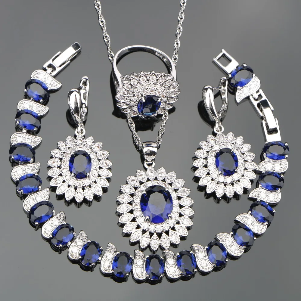 New Blue Zircon Silver 925 Costume Wedding Jewelry Sets Women Earrings ...