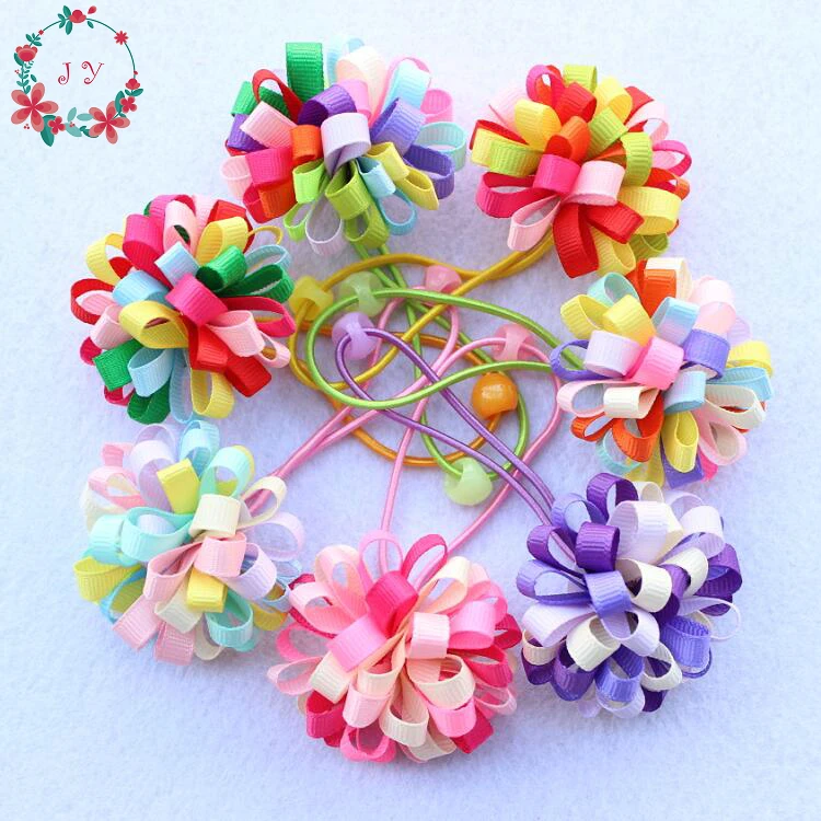 7pcs Rainbow Colors Girl Elastic Hair Rubber Band with 5cm ribbon