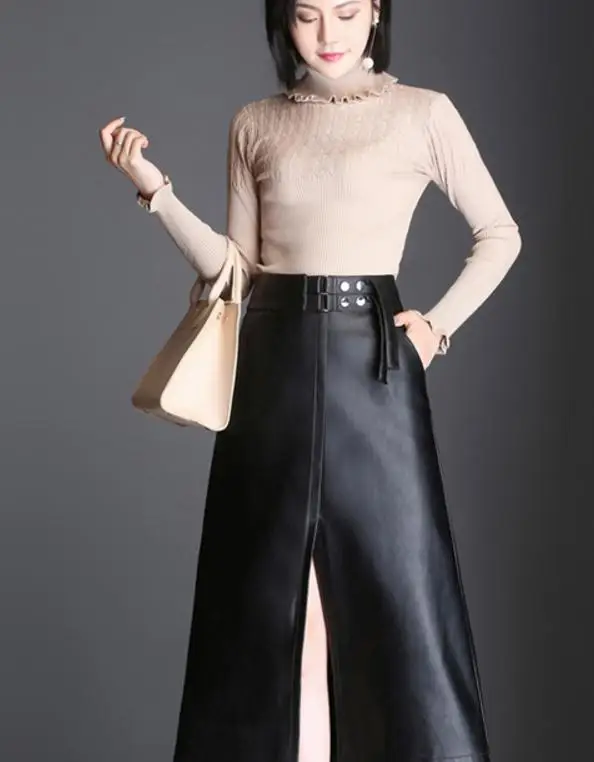 

Medium length Skirt Autumn and winter high waist PU A word skirt Overknee Package hip skirt Large size kick pleat Leather