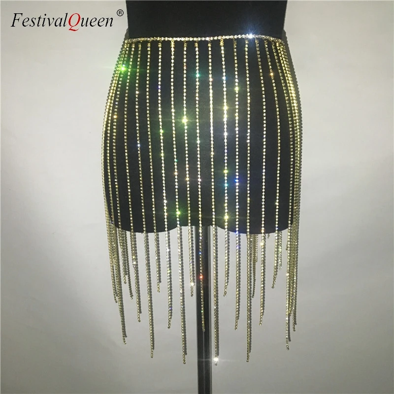 FestivalQueen Европейская Женская юбка с кисточками, стразы,, сексуальная блестящая мини-юбка с металлической цепочкой для ночного клуба