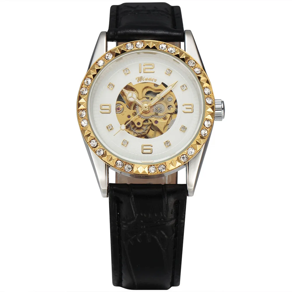 Женские Модные Классические Автоматические механические часы с гравировкой и кожаным ремешком, женские наручные часы-браслет