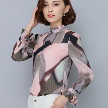 Print Chiffon Blouse 2016 Autumn Stand Collar Long Sleeve Women Tops Korean Fashion Clothing Casual Office Wear Shirt S2596