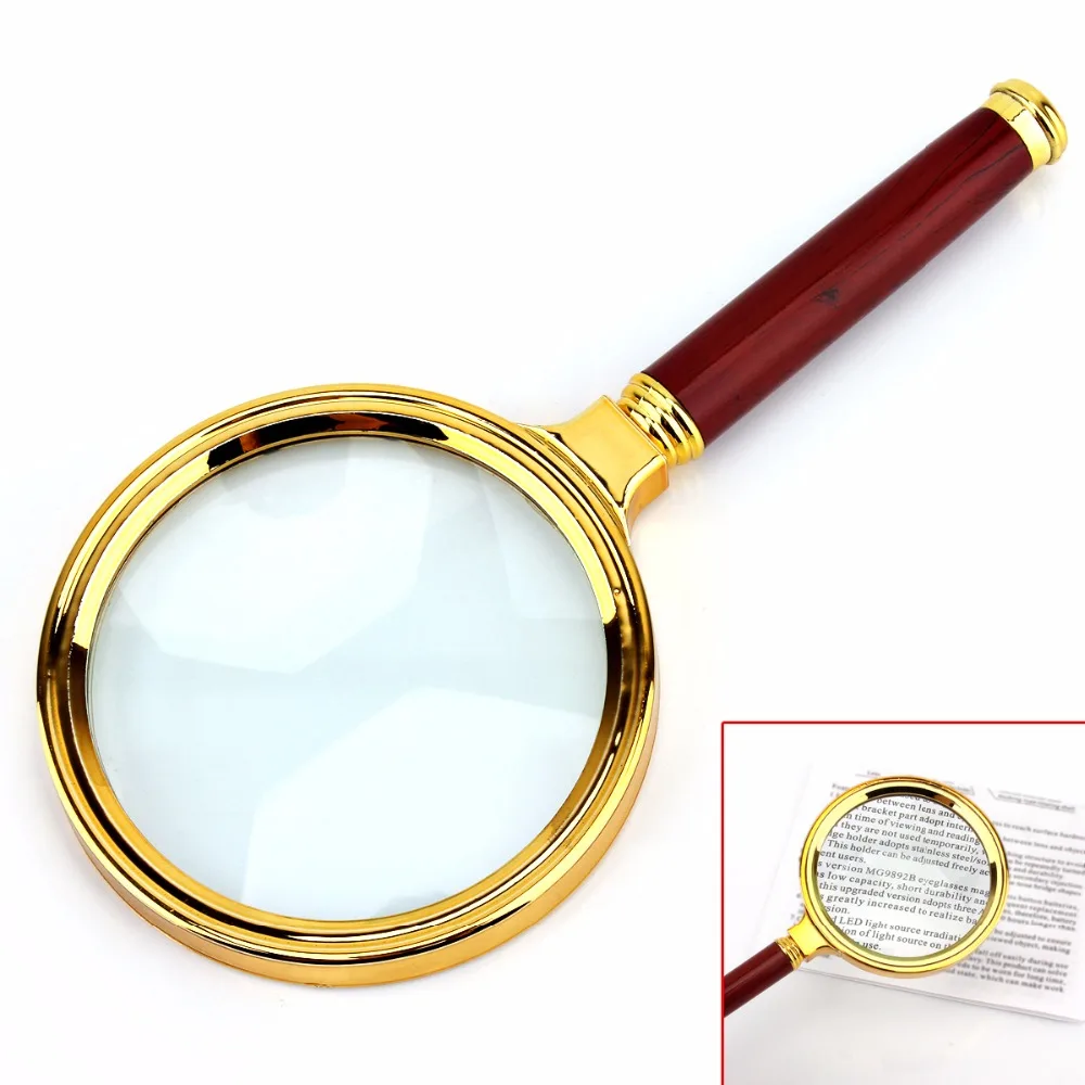 New 6X 80mm Handheld Magnifier with Wooden Handle Metal Frame Magnifying Glass Loupe for Reading