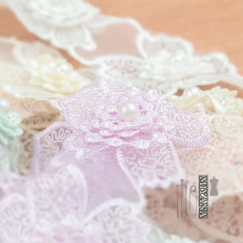 

1yard Organza 3D Colorful Flowers Pearl Embroidered Lace Trim Ribbon Fabric Handmade Sewing Craft For Costume Hat Decoration