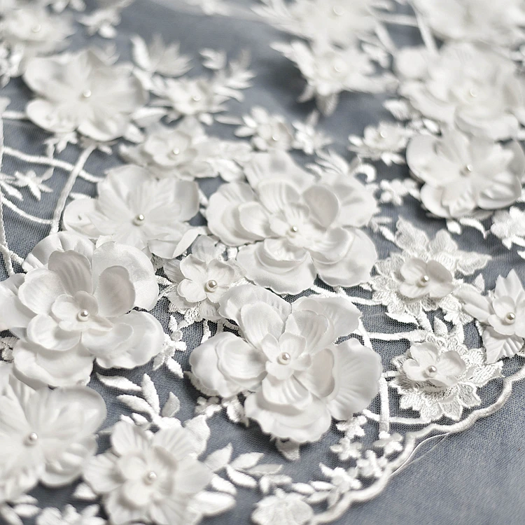 

Free Shipping Wedding Dress Lace Fabric, 3D Chiffon Flowers Nail Bead High End European Lace Fabric 130CM White Pink Blue Yellow