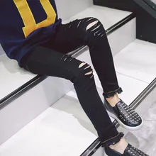 Осенняя детская одежда для девочек; корейские высокоэластичные брюки с дырками; джинсы; эластичная манжета; брюки