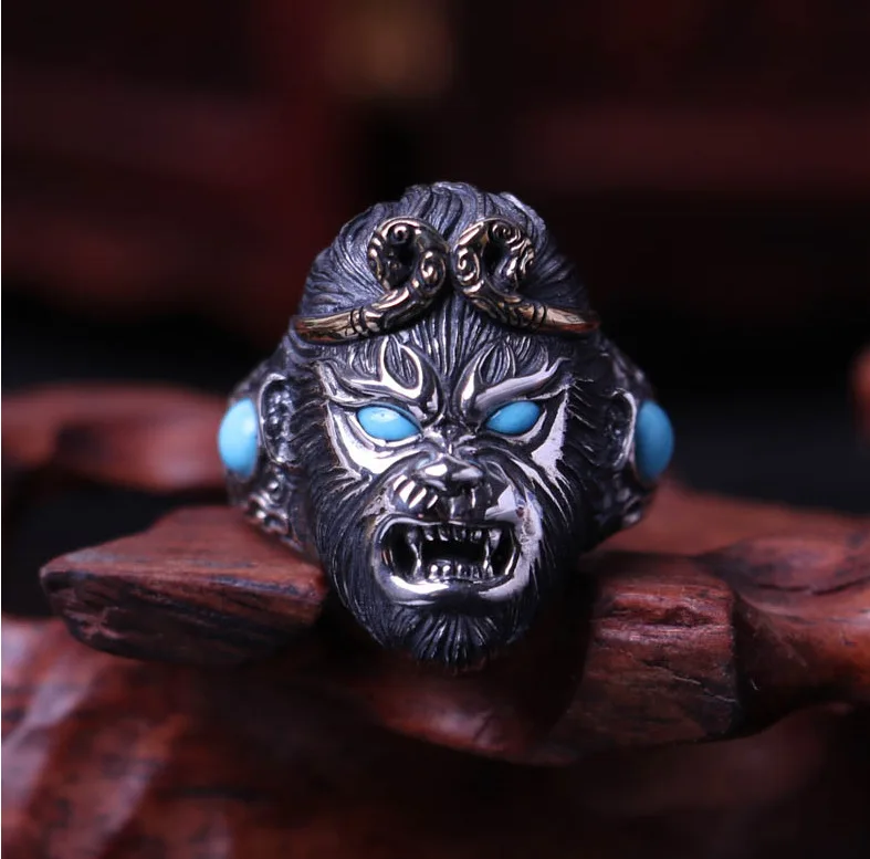 Король обезьян борьба за Будды кольцо серебро 925 инкрустированная Южно-Красный кольцо