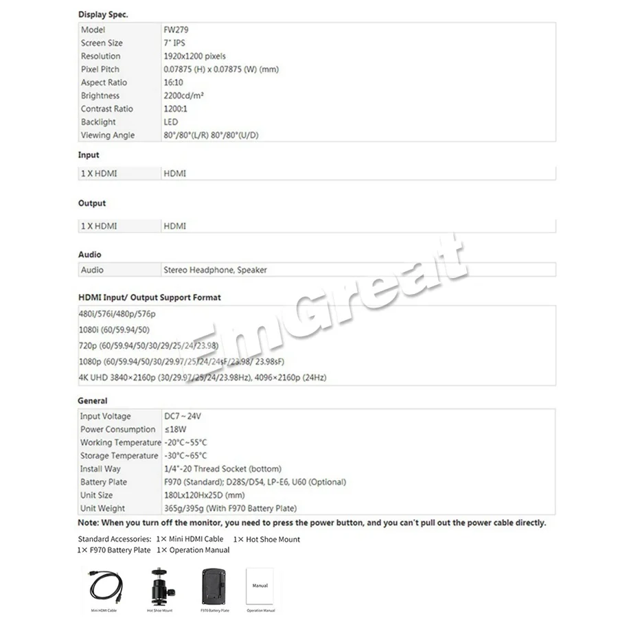 FEELWORLD FW279 7 дюймов ультра яркий 2200nit на поле камеры DSLR монитор Full HD 1920x1200 4 K HDMI вход выход высокой яркости
