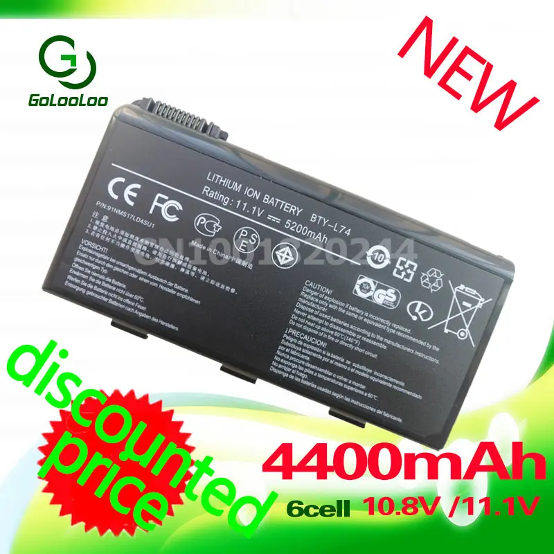 Golooloo 4400MaH 11 1 v Аккумулятор для ноутбука MSI BTY-L74 BTY-L75 MS-1682 91NMS17LD4SU1 91NMS17LF6SU1 957-173XXP-101