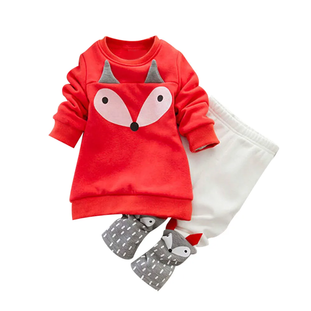 

Hot Autumn winter cute Toddler Baby Boy Girl Fox Long Sleeve Thicker Sweater shirt Top+Pants Outfits Set Clothes warm soft bebe