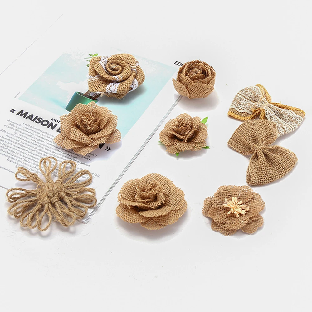 Wedding Party Decoration Craft Delicate Vintage Hessian Jute Hat Rose Beauty Flower 9 pcs Burlap DIY |