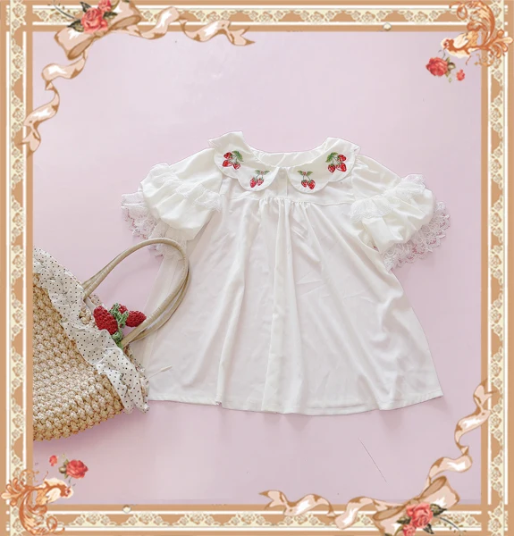 

Sweet Short Sleeve Women's Chiffon Blouse Strawberry Embroidered Peter Pan Collar Lolita Blouse by Infanta