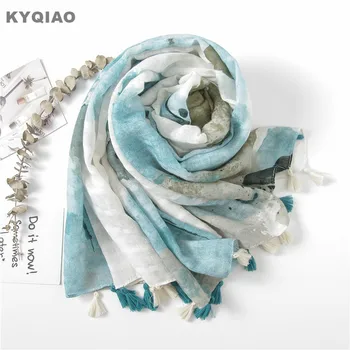 

KYQIAO women hijab scarf female autumn winter Chinese style elegant ethnic long blue wash painting print head scarf muffler