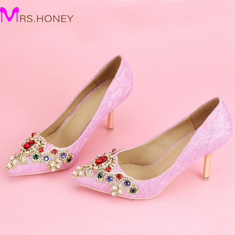 

Spring Pointed Toe Fashion Bridal Shoes Pink Stilettos Crystal Wedding Shoes Women Single Party Event Pumps Bridesmaid Shoes