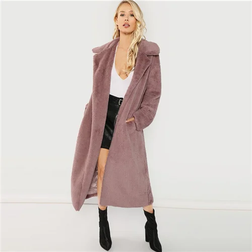 Sheinside розовый открытый передний искусственный мех плюшевое пальто осенняя зимняя одежда женская куртка элегантная верхняя одежда Женские Простые длинные пальто - Цвет: Розовый