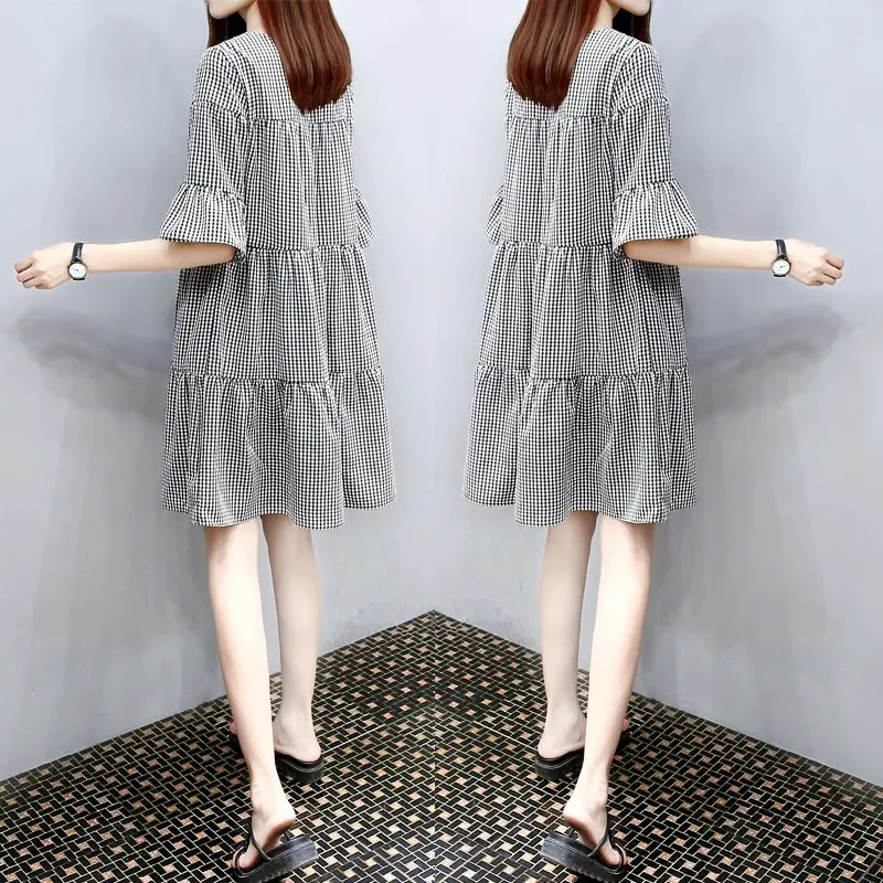 

New maternity dress dress summer dress slim plaid large size loose dress doll skirt Korean version of the pregnancy skirt
