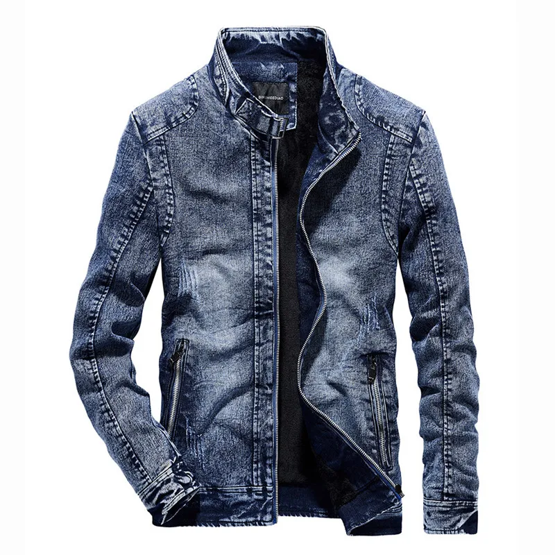 

MORUANCLE Fashion Men's Fleece Lined Jeans Jackets And Coats Thick Warm Denim Trucket Jacket Outerwear Washed Blue Stand Collar