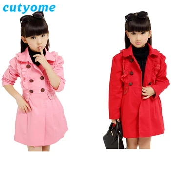 

Teenage Girls Windbreaker Jacket Cutyome Turn Down Collar Ruffles Lace Double Breasted Long Trech Blazers Cute Kids Spring Coats