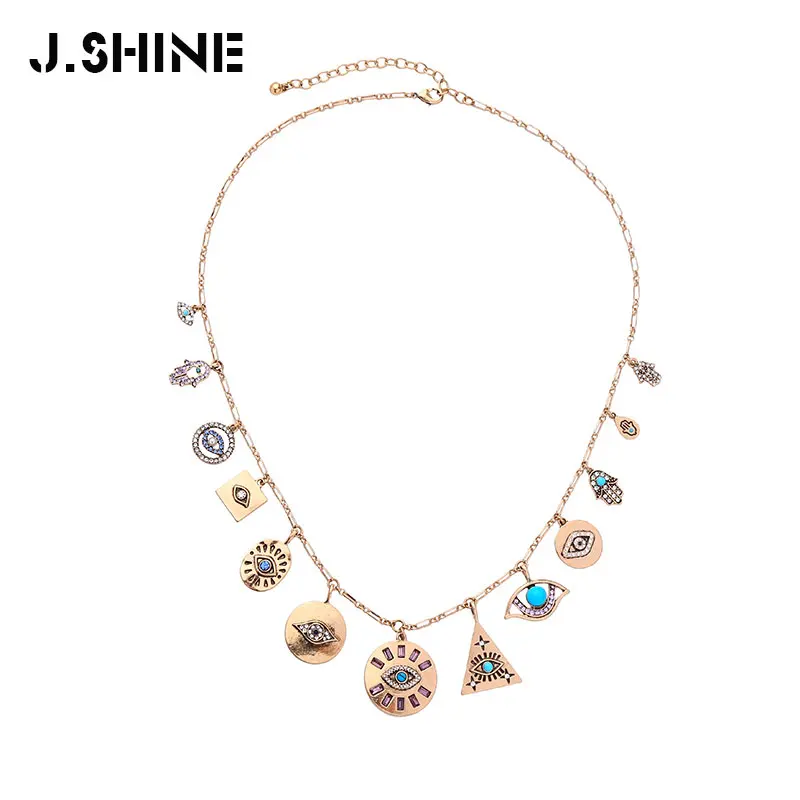 

JShine Hyperbole Punk Style Geometric Crystal Resin Evil Eyes Hand Pendant Necklace For Women Vintage Gold Fashion Long Necklace
