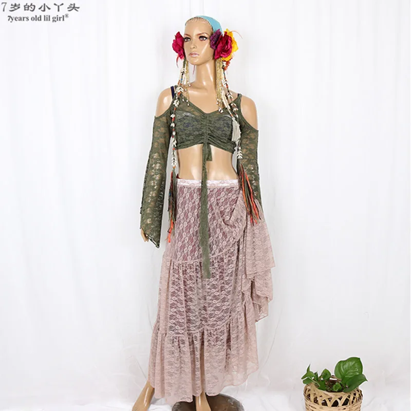 

2019 ATS Gothic Tribal Belly Dance Clothing Lace Tank Top Choli Tops Off Shoulder Long Sleeves Gypsy Dance COO01