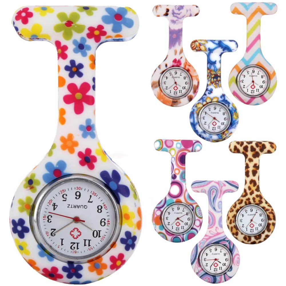 

Nurse camouflage Zebra Leopard flower printing Pocket watches fashion women ladies Doctor Pin lady rubber watches Brooch watch