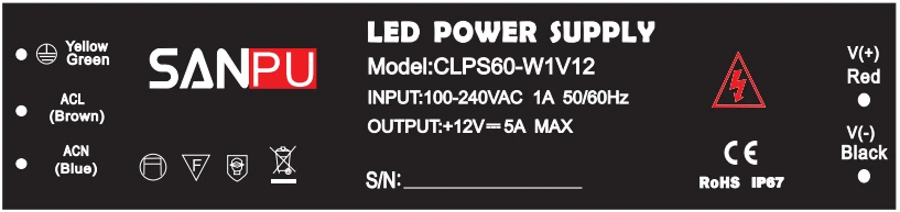 SANPU 12VDC водонепроницаемый Светодиодный источник питания 12 В постоянного тока 60 Вт 5A IP67 110 В 220 В AC-DC трансформатор освещения драйвер 12 вольт тонкий алюминиевый