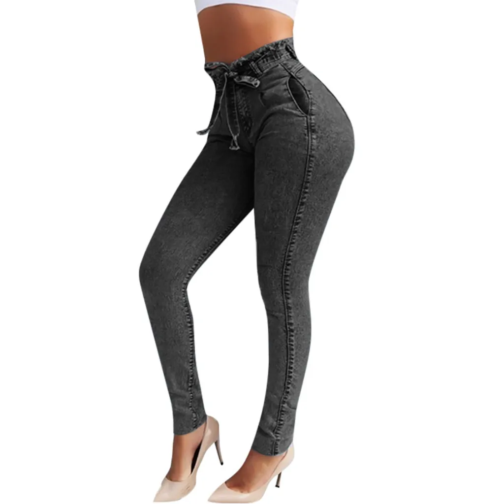 Женские джинсы с высокой талией, обтягивающие джинсы-стрейч, облегающие джинсы с кисточками и поясом, обтягивающие женские джинсы с эффектом пуш-ап - Цвет: gray