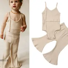 Комплект летней одежды для маленьких девочек, Модный комбинезон, топ без рукавов, штаны-клеш, одежда для детей, одежда для новорожденных