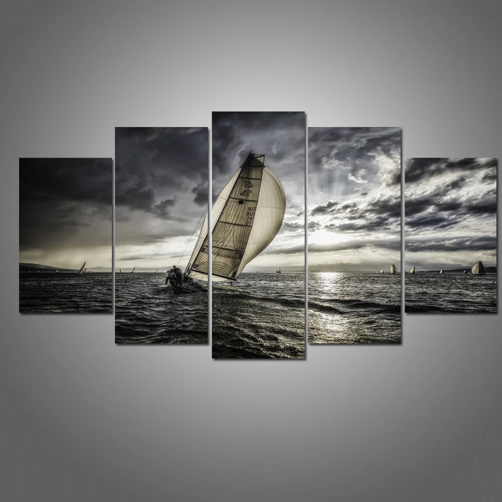 Black and White Sailboat Canvas Wall Art Painting Modern HD Seascape Poster Picture Nautical