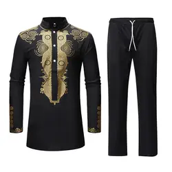 Традиционный Африканский Дашики печати рубашка брюки Toursers набор мужской топ 2 шт комплект одежды туника рубашка с длинными рукавами одежда