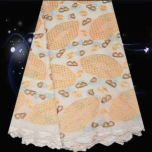 (5yards/lot) PC93-1 beige+orange+brownc luxury Embroidered lace fabric for lady dress popular design african cotton fabri | Дом и сад