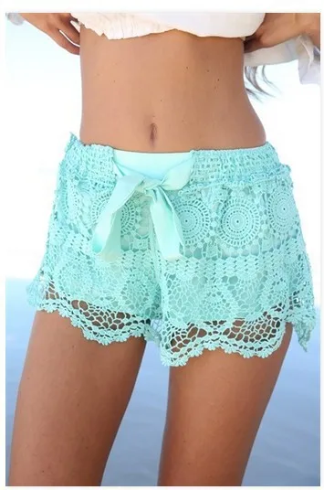 denim shorts Women's Shorts Casual Lace Shorts Hollow Out Hem Crochet Chiffon Belt Woman Shorts Summer Short Feminino Pantalones Cortos Mujer cargo shorts Shorts