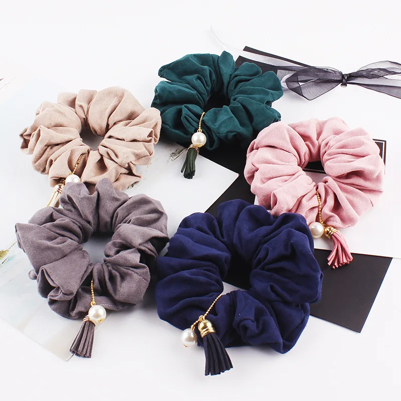

5 Pcs/Set Women Solid Elastic Hair Bands Ponytail Holder Rubber Scrunchies With Pearl Pendant For Hair Accessories
