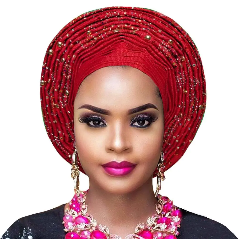 Популярный женский головной убор aso oke auto gele для aso ebi Африканский головной убор с бисером - Цвет: red