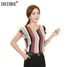DHIHKK 2017 Summer Striped Print Chiffon Blouse O-neck Shirts Short Sleeve Chiffon Tops Plus Size M-4XL Blusas Femininas
