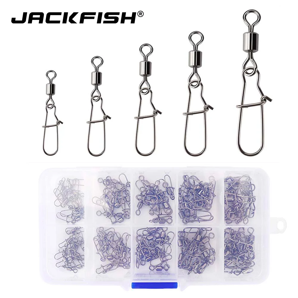 

JACKFISH 100PCS/LOT Drag power 45LB Fishing Connector Pin Bearing Rolling Swivel Stainless Steel with Snap Fishhook Lure Tackle