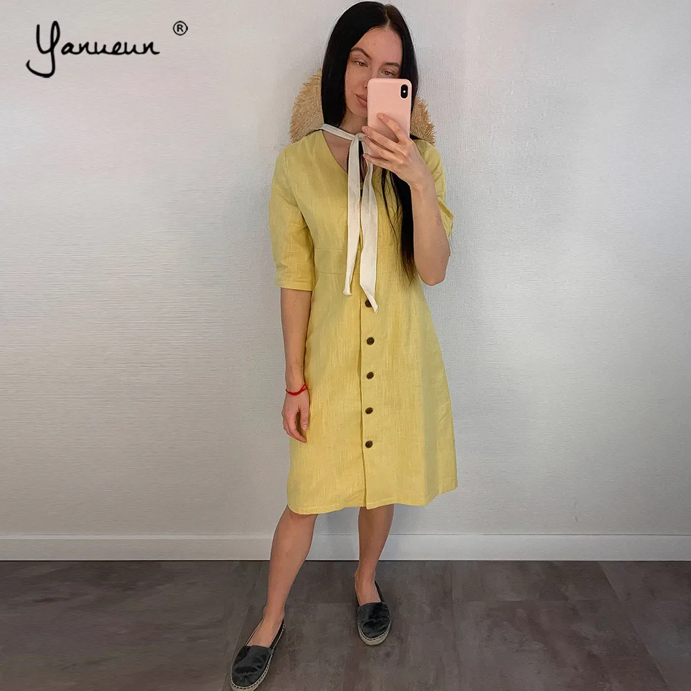 

Yanueun Normcore 2019 Summer Solid V-Neck Short Sleeve Dress Women Dresses Stylish Knee-Length Womens Clothing