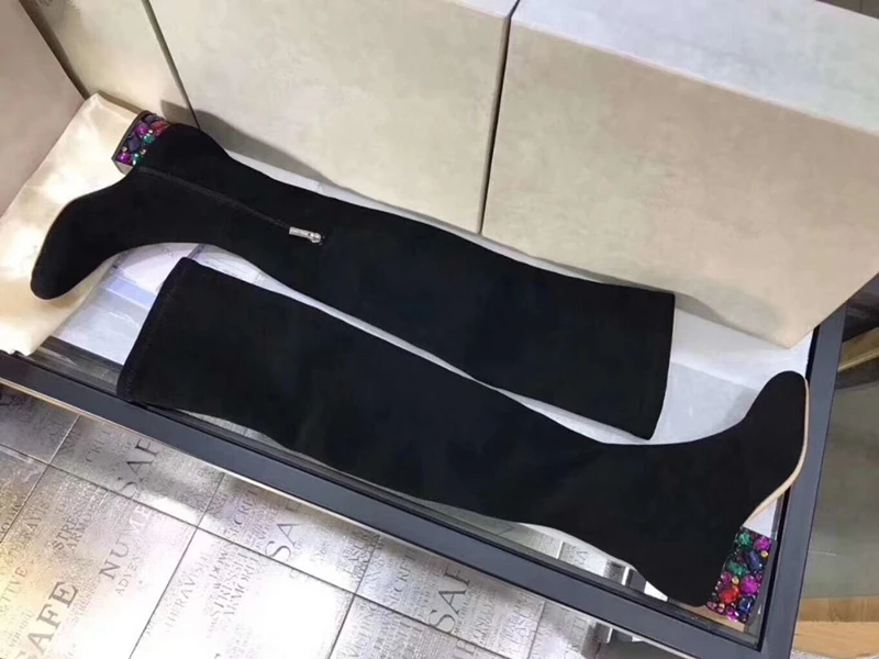 Luxury Colorful Rhinestone Women Over The Knee Boots Nature Suede Leather Round Toe Low Heels Casual Shoes Women Long Boots 2018