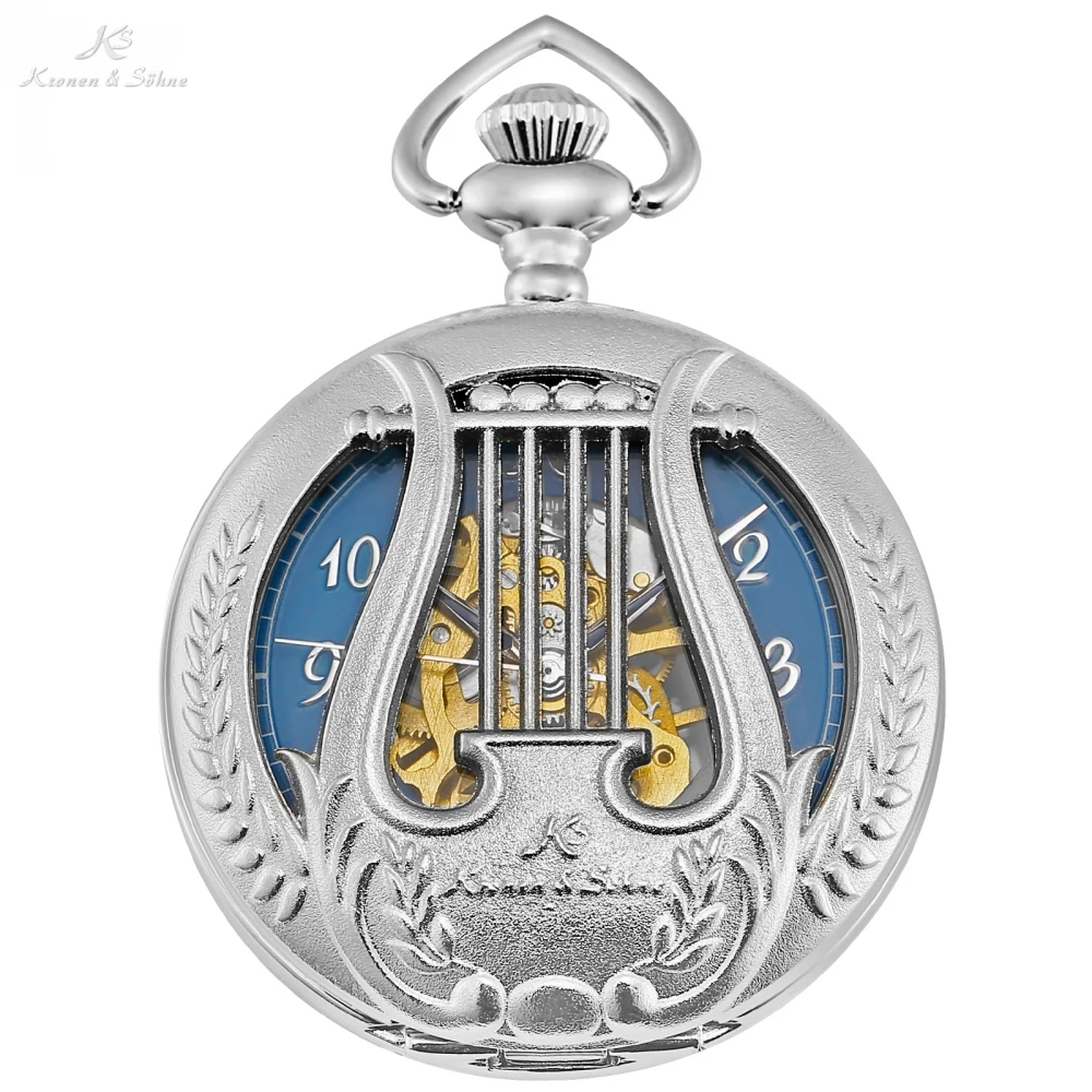 KS Musical harp Vingtage Silver Case Skeleton Horloge Mechanical Clock