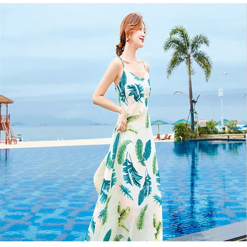 

2019 summer new open back beach seaside holiday print chiffon strap dress Bohemian Loose Chiffon Natural Sleeveless