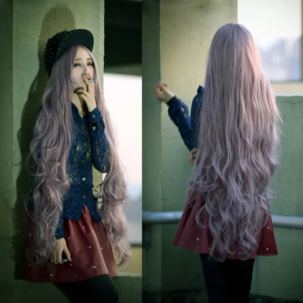 Волнистые супер длинные парики для женщин косплей Вьющиеся Лавандовые волосы девушка сиреневый полный парик A AAAAAA