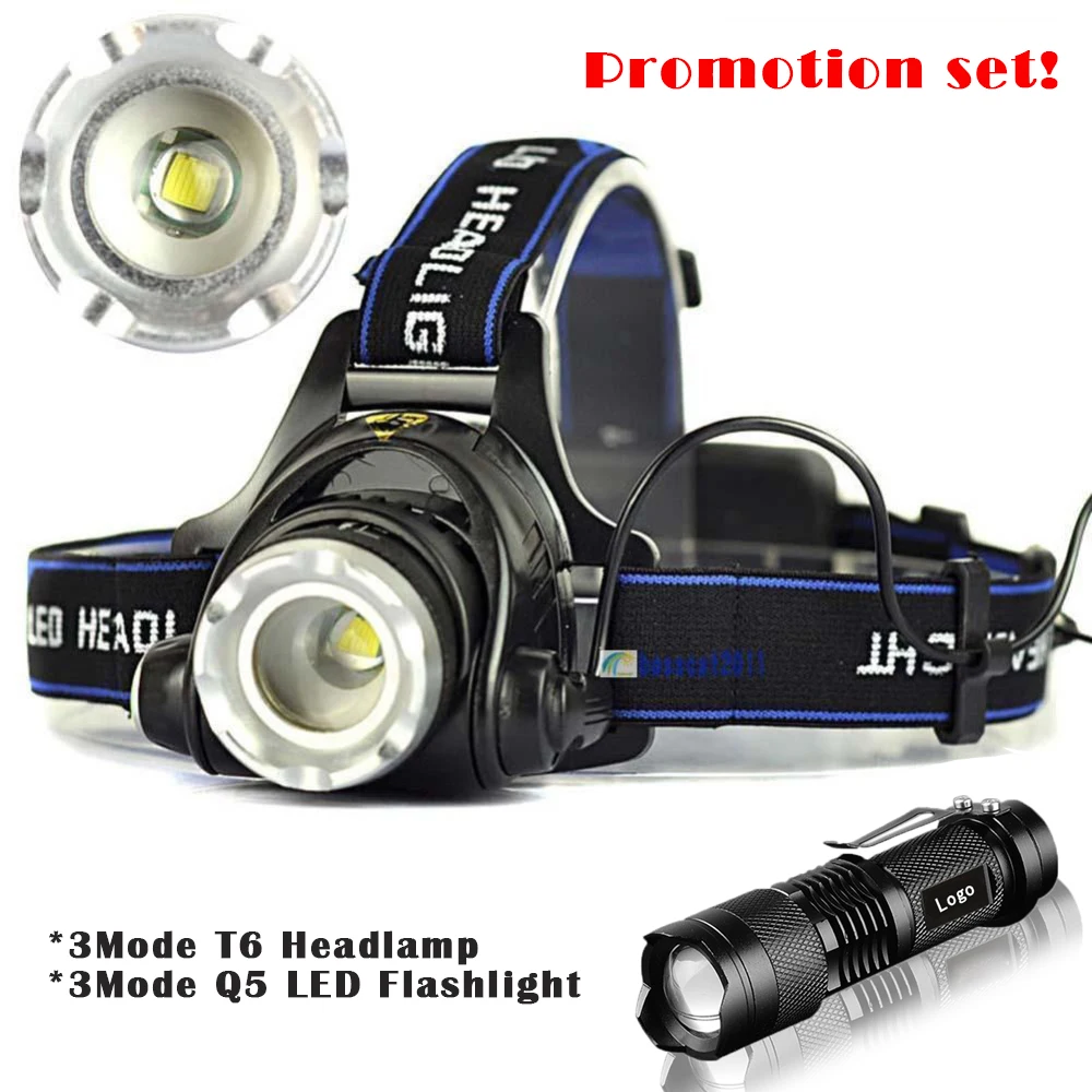 

3800LM Head lamp LED Headlight T6 Head lights headlamps + Q5 Mini flashlight 2000lm Zoomable Zaklamp Taschenlampe