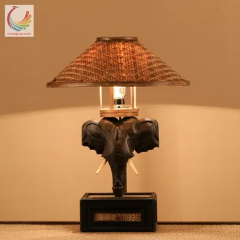 

TUDA 31X48cm Free Shipping Wood Carving Elephant Table Lamp Southeast Asia Style LED Table Lamp Rattan Lampshade Table Lamp E27