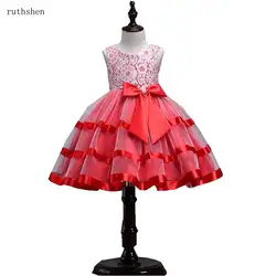 Ruthshen/2018 г. осеннее красное платье с цветочным узором для девочек, бальное платье принцессы, кружевные пышные платья для девочек с оборками