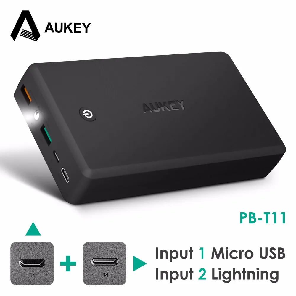 AUKEY Мощность банка для молнии и mi cro Вход 30000 мАч Quick Charge 3 0 сяо телефон Dual Usb внешний