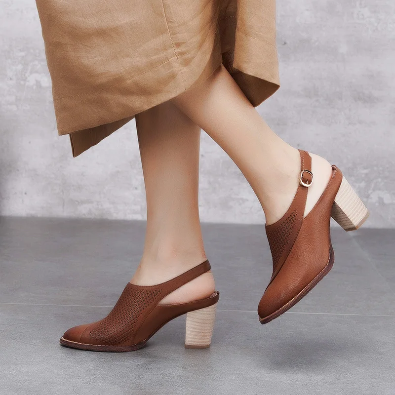

2019 VALLU Pointed Toes Shoes Women Sandals Slingback Block Heels Buckle Handmade Retro Genuine Leather Lady High Heel Sandals