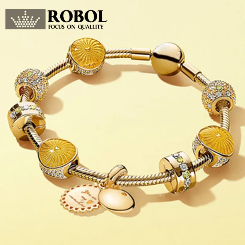 

ROBOL 100% 925 Pando Original Sterling Silver Brand New 1:1 Authentic 14K Gold Dazzling Warm Sunny Bracelet Jewelry FOR Women