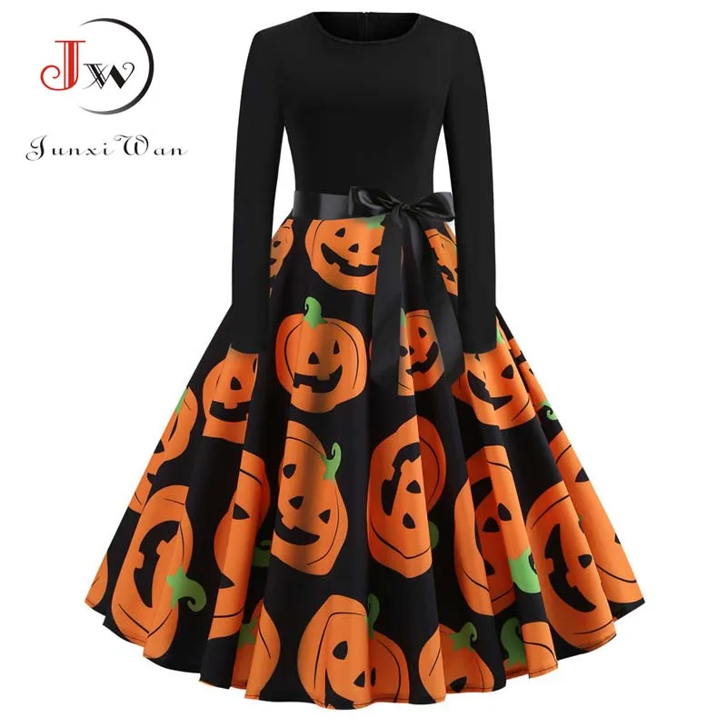 Halloween Vintage Dress Women Pumpkin Print Patchwork Midi Autumn Winter Dresses Long Sleeve Elegant Party Dress Plus Size