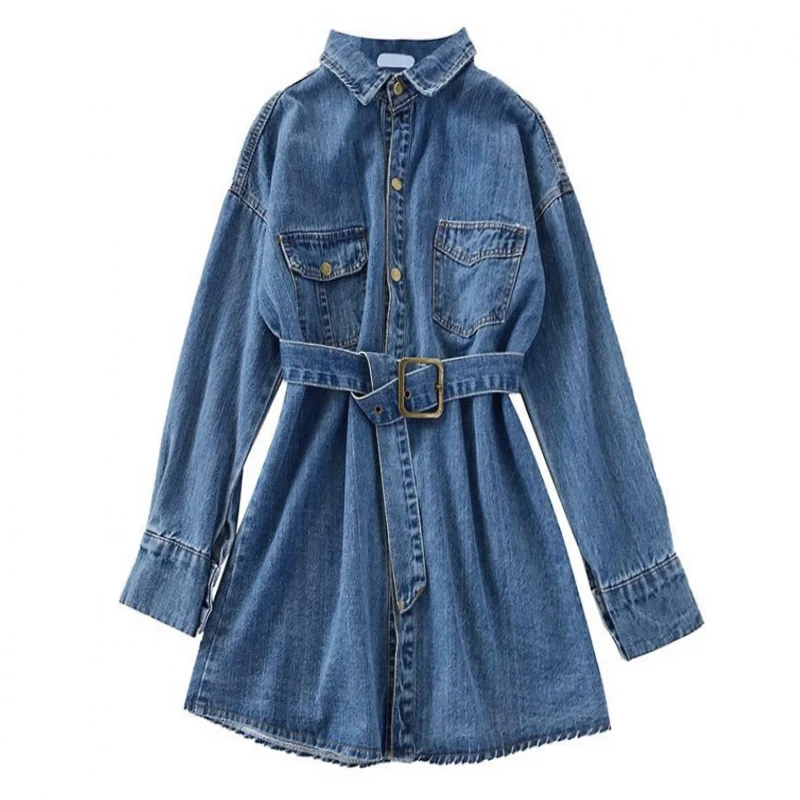 

PERHAPS U denim shirt dress blue sash turn down collar long sleeve solid pocket mini short dress high street autumn D0874